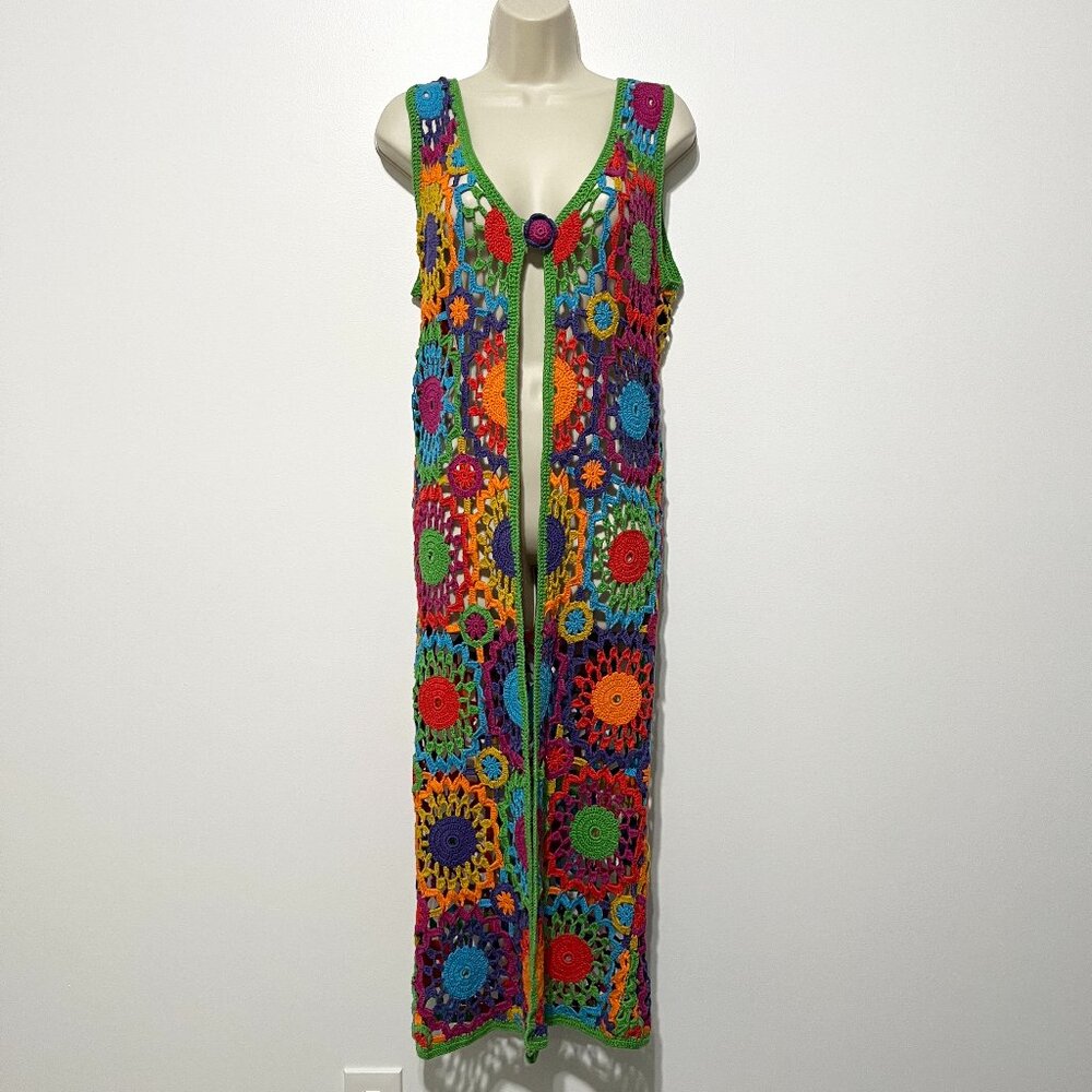 Womens Crochet Duster Cardigan S Festival Coachella Hippie Boho 70s Rainbow